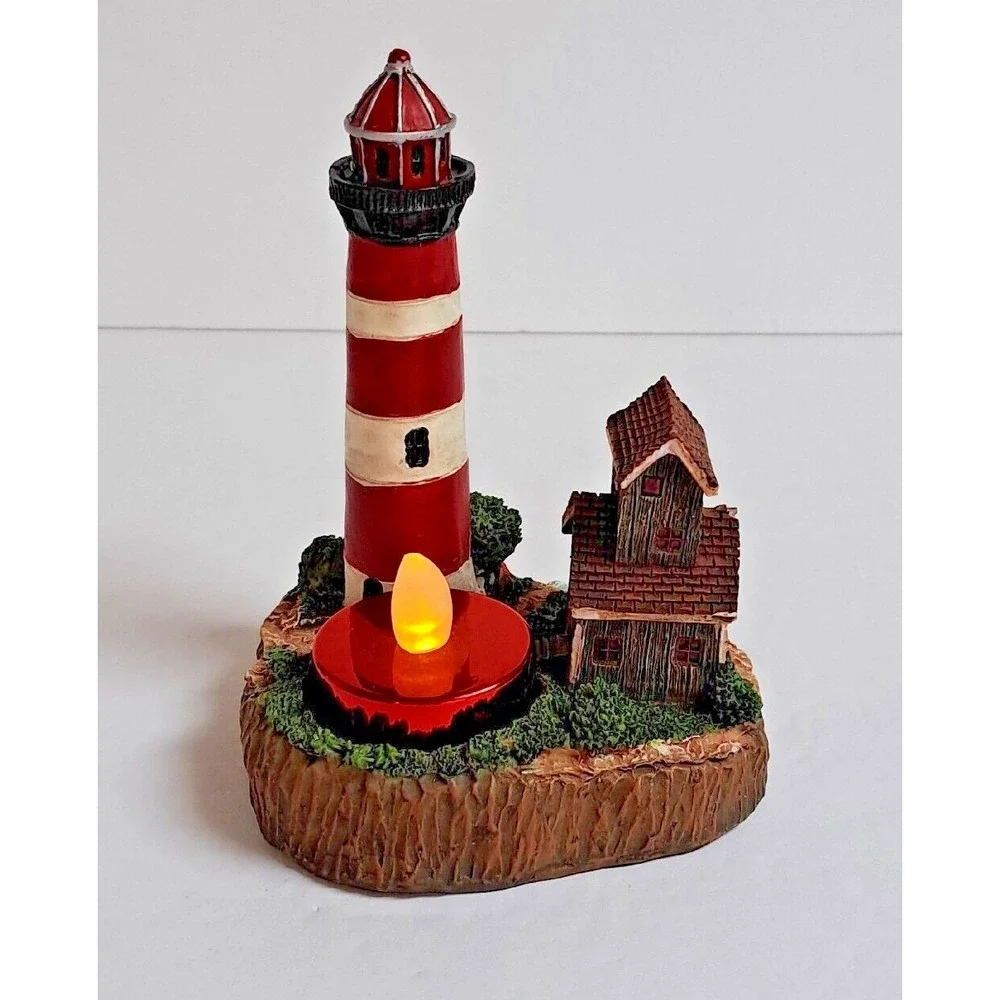 Giftco Lighthouse Cove Polyresin Candle Holder Red White Coastal Decor Tealight